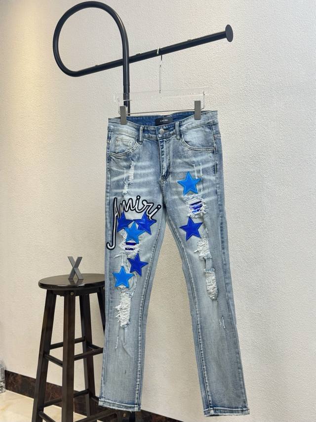 Style No. X136 Amiri star patch sequin embroidered letter hole skinny jeans top
