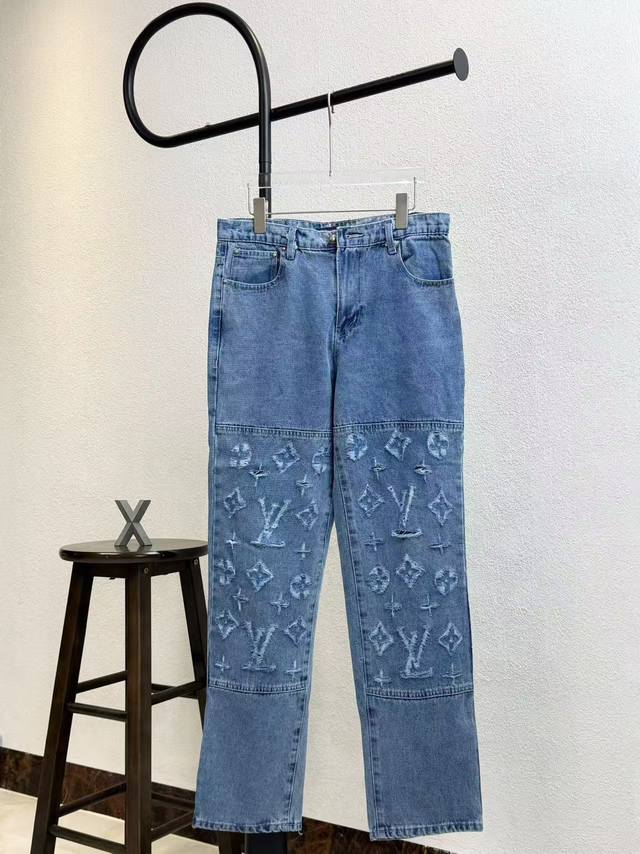 Model No. X Lv Louis Vuitton distressed ripped letter logo washed straight jeans