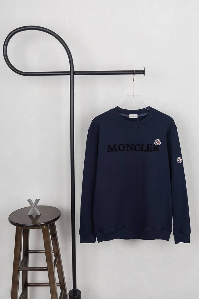 Style No. Xb30 Moncler flocked letter small logo round neck sweatshirt in black