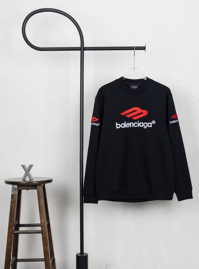 Model No. Xb41 Balenciaga 3M letter embroidered round neck sweatshirt in black a