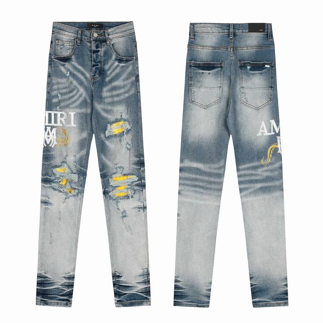 W63 Top version Amiri classic embroidered ripped patch washed lightning pattern