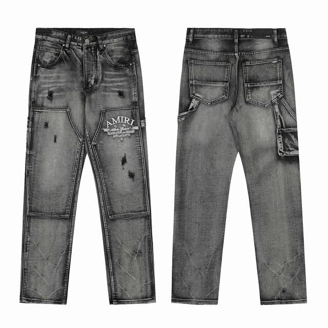 W61 Top version Amiri new lumberjack jeans embroidered washed ripped jeans unise