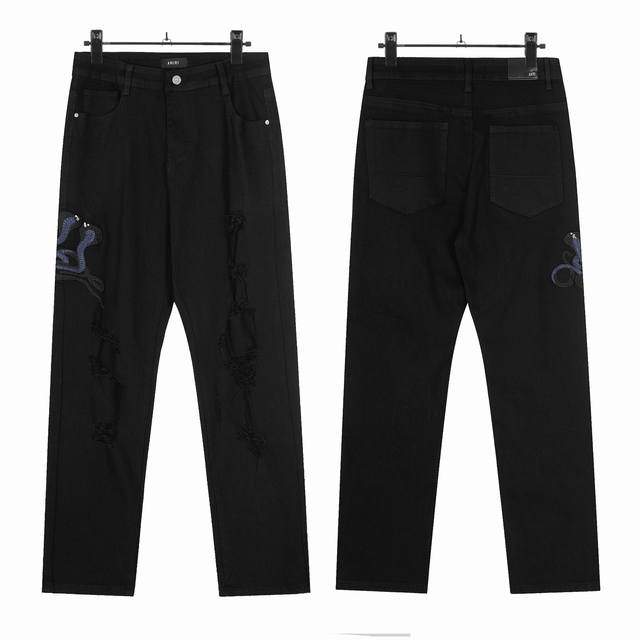 W60 Amiri classic embroidered ripped patch washed lightning pattern skinny jeans