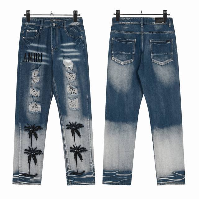 W59 Amiri classic embroidered ripped patch washed lightning pattern skinny jeans