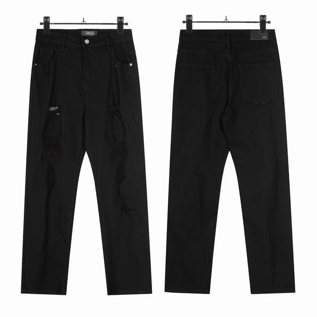 W58 Amiri classic embroidered ripped patch washed lightning pattern skinny jeans