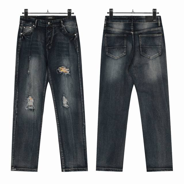 W56 Amiri classic embroidered ripped patch washed lightning pattern skinny jeans
