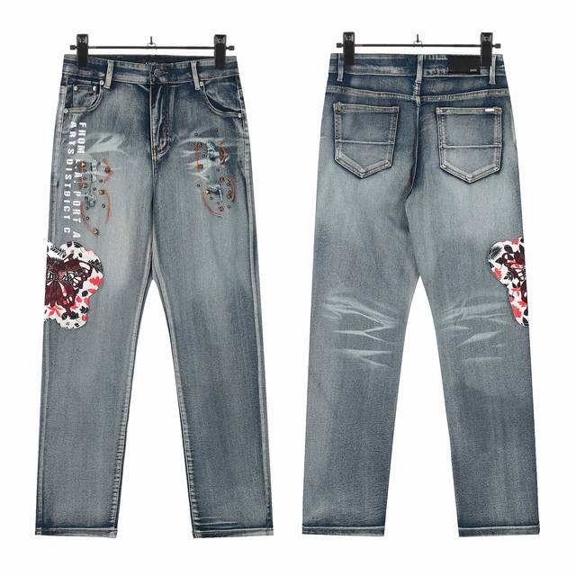 W55 Amiri classic embroidered ripped patch washed lightning pattern skinny jeans