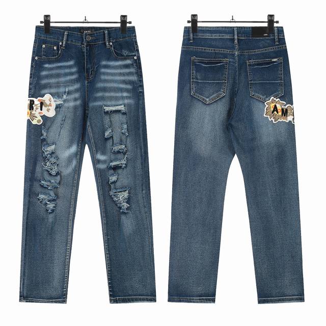 W54 Amiri classic embroidered ripped patch washed lightning pattern skinny jeans