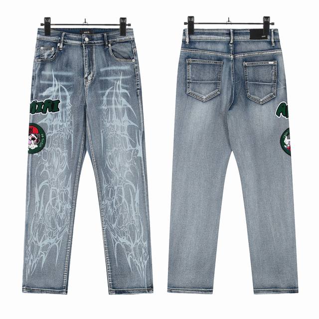 W53 Amiri classic embroidered ripped patch washed lightning pattern skinny jeans