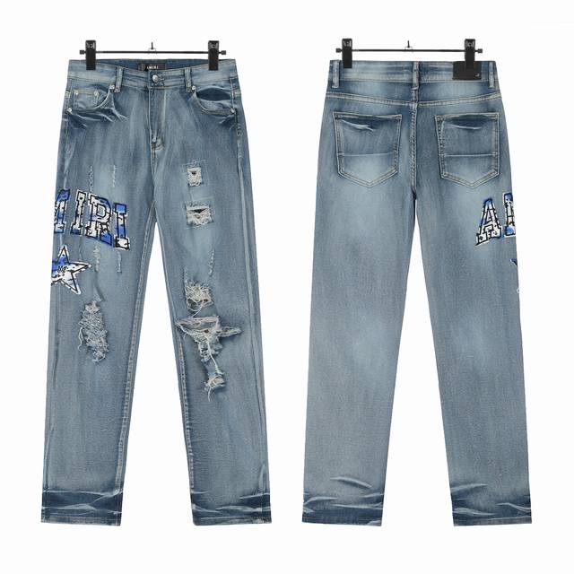 W52 Amiri classic embroidered ripped patch washed lightning pattern skinny jeans