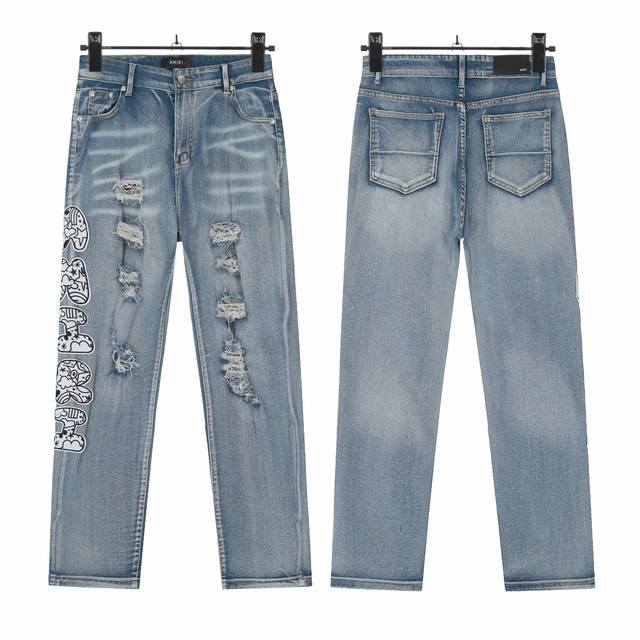 W51 Amiri classic embroidered ripped patch washed lightning pattern skinny jeans
