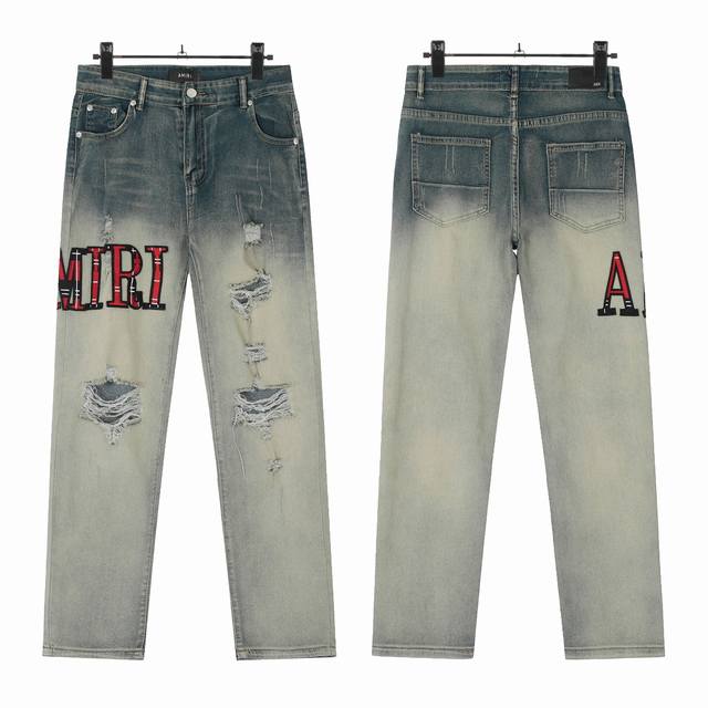 W50 Amiri classic embroidered ripped patch washed lightning pattern skinny jeans