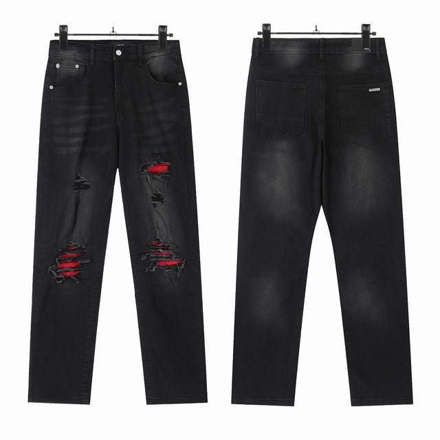 W49 Amiri classic embroidered ripped patch washed lightning pattern skinny jeans