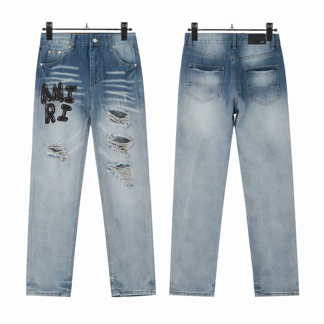 W48 Amiri classic embroidered ripped patch washed lightning pattern skinny jeans
