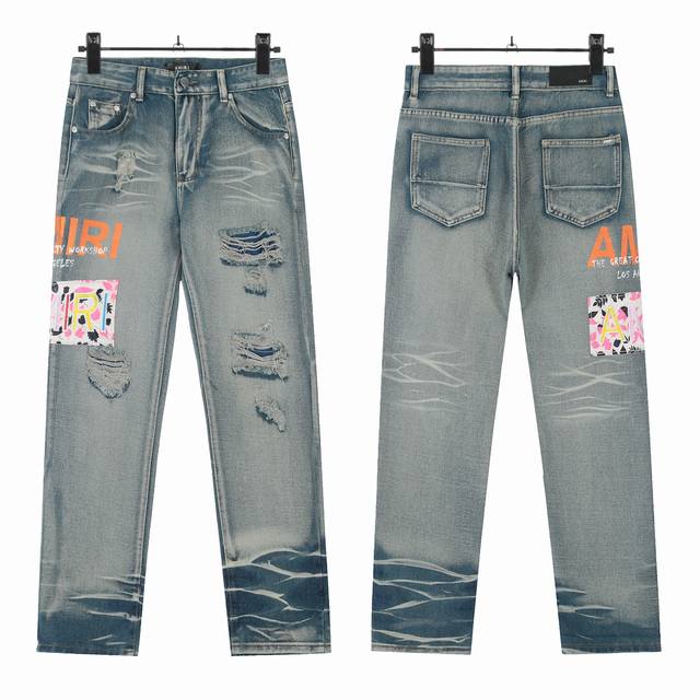W47 Amiri classic embroidered ripped patch washed lightning pattern skinny jeans