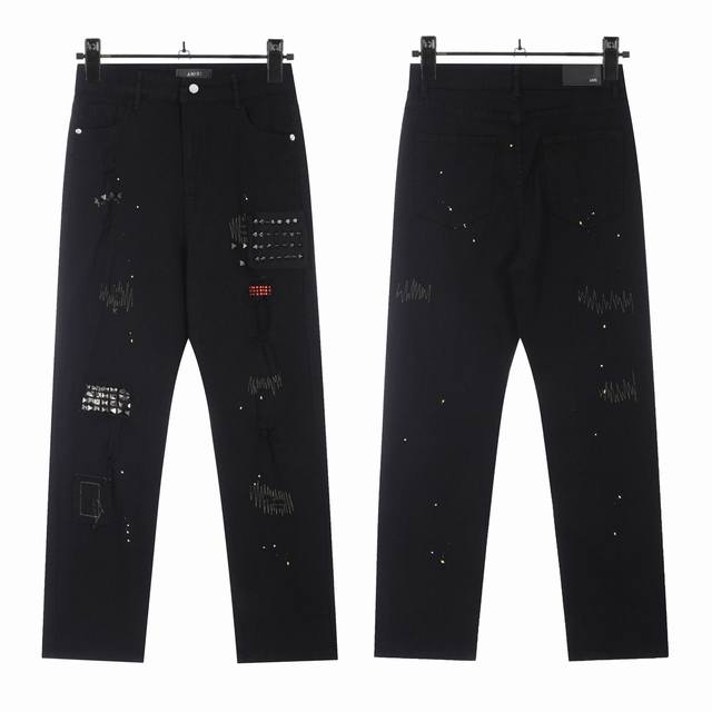 W44 Amiri classic embroidered ripped patch washed lightning pattern skinny jeans