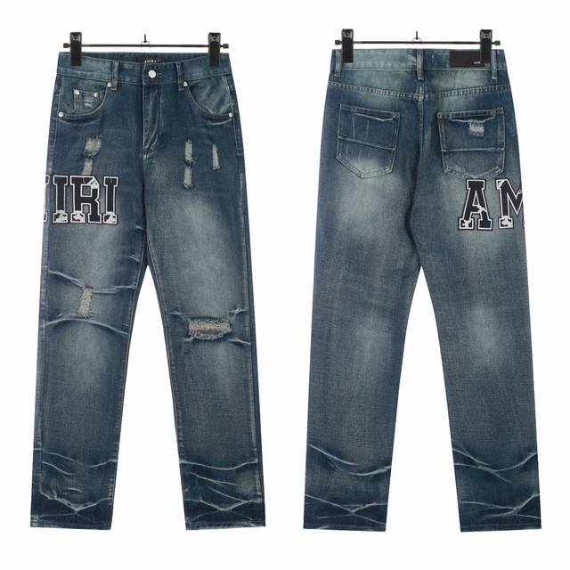 W43 Amiri classic embroidered ripped patch washed lightning pattern skinny jeans
