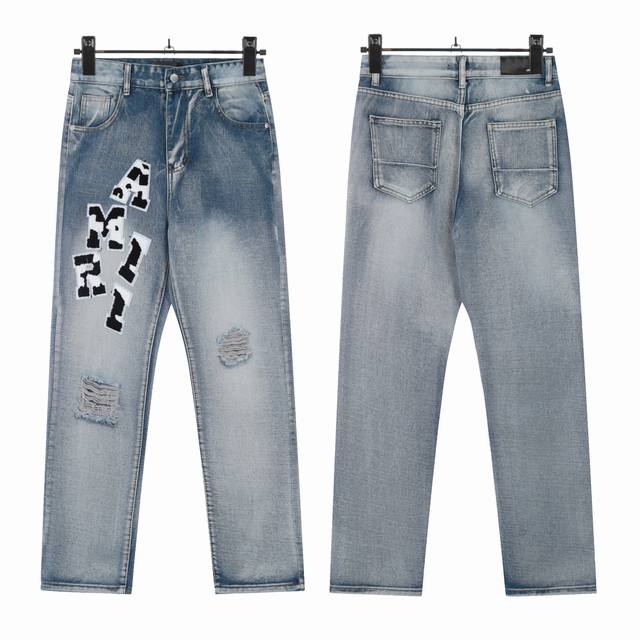 W42 Amiri classic embroidered ripped patch washed lightning pattern skinny jeans