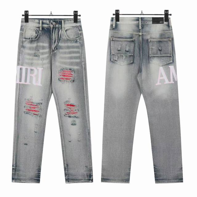 W38 Amiri classic embroidered ripped patch washed lightning pattern skinny jeans