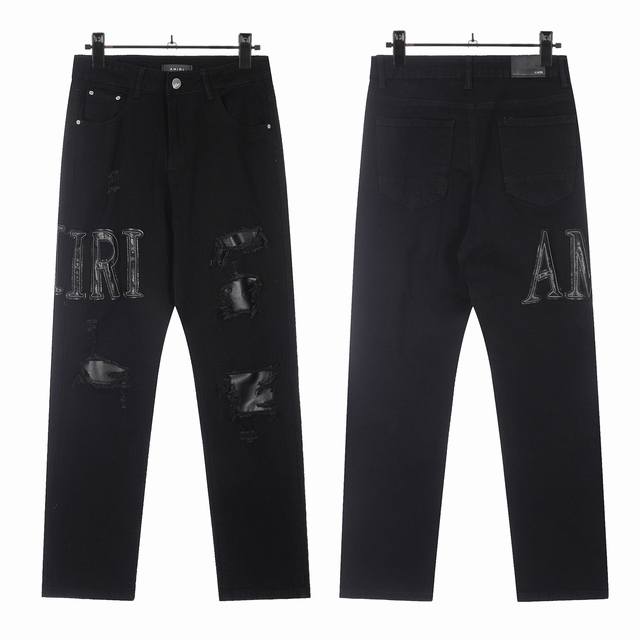 W35 Amiri classic embroidered ripped patch washed lightning pattern skinny jeans