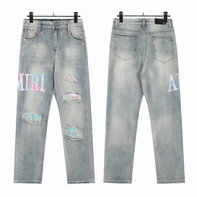 W33 Amiri classic embroidered ripped patch washed lightning pattern skinny jeans