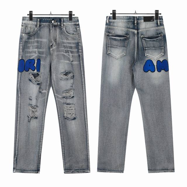 W32 Amiri classic embroidered ripped patch washed lightning pattern skinny jeans