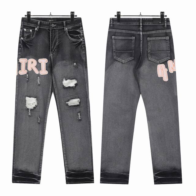 W31 Amiri classic embroidered ripped patch washed lightning pattern skinny jeans