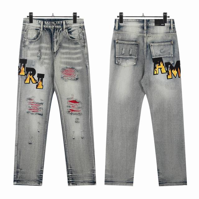 W30 Amiri classic embroidered ripped patch washed lightning pattern skinny jeans