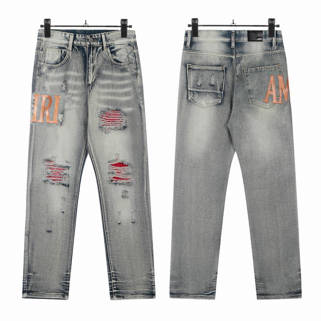 W28 Amiri classic embroidered ripped patch washed lightning pattern skinny jeans