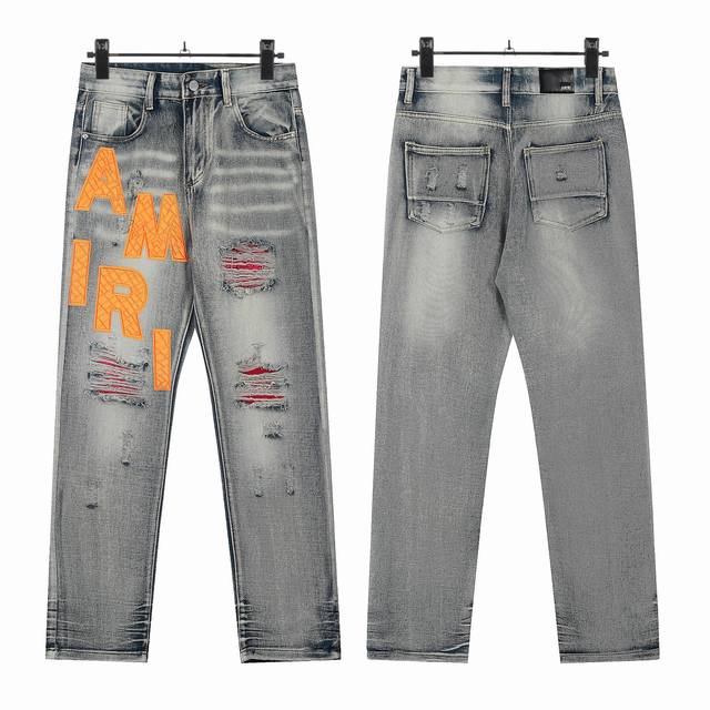 W27 Amiri classic embroidered ripped patch washed lightning pattern skinny jeans