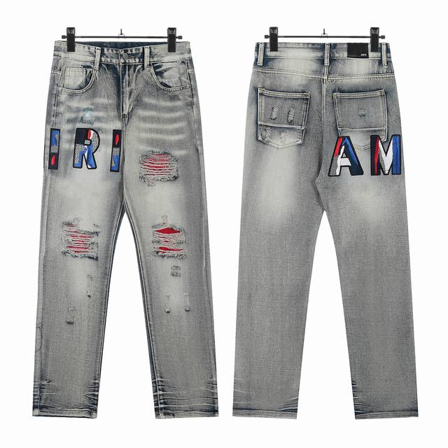 W26 Amiri classic embroidered ripped patch washed lightning pattern skinny jeans