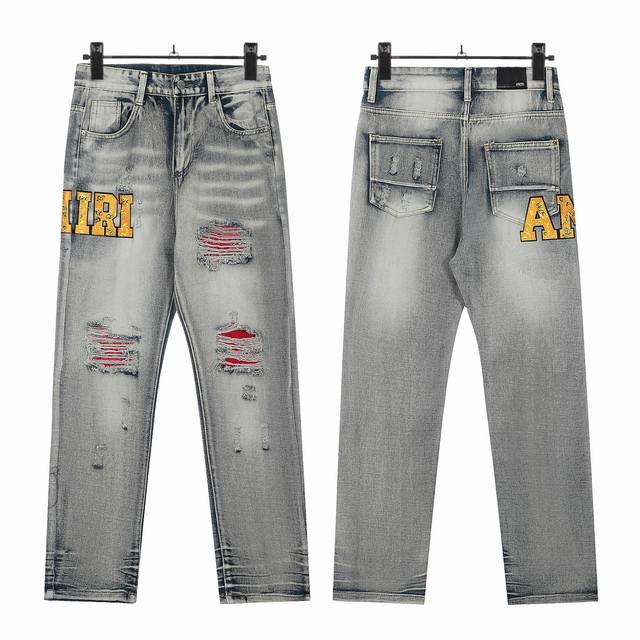 W25 Amiri classic embroidered ripped patch washed lightning pattern skinny jeans