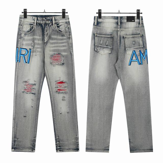 W24 Amiri classic embroidered ripped patch washed lightning pattern skinny jeans