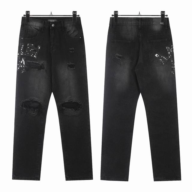 W17 Amiri classic embroidered patchwork leather ripped letters skinny jeans Slim
