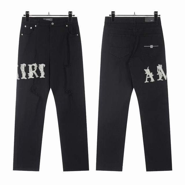 W07 Amiri washed black ripped letters embroidered washed skinny jeans Slim fit s
