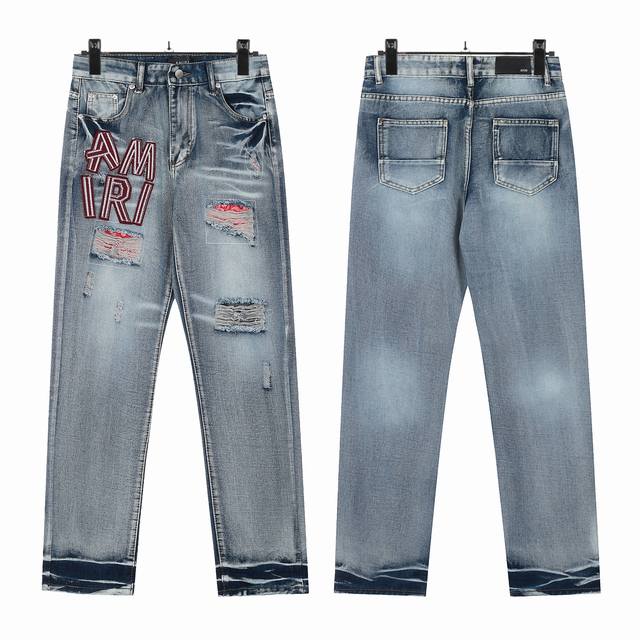 W06 Amiri red patch embroidered washed skinny jeans Slim fit skinny jeans Washed