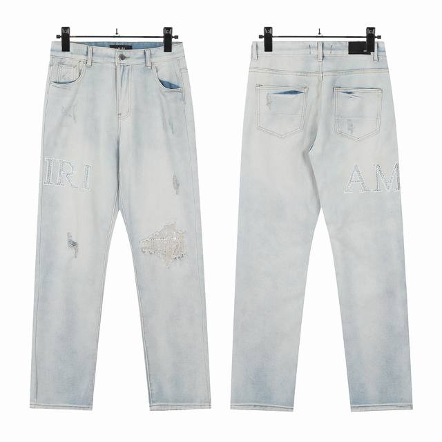 W04 Amiri light white hot diamond letter embroidery washed skinny jeans Slim fit