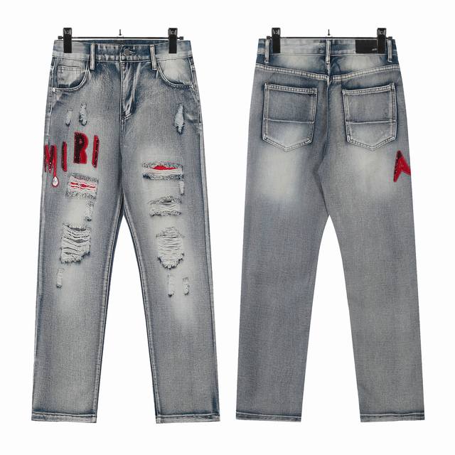 W03 Amiri blood and tears letter embroidered washed skinny jeans Slim fit skinny