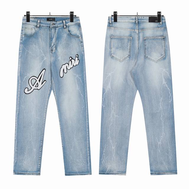 W01 Amiri lightning pattern letter embroidered washed skinny jeans Slim fit skin
