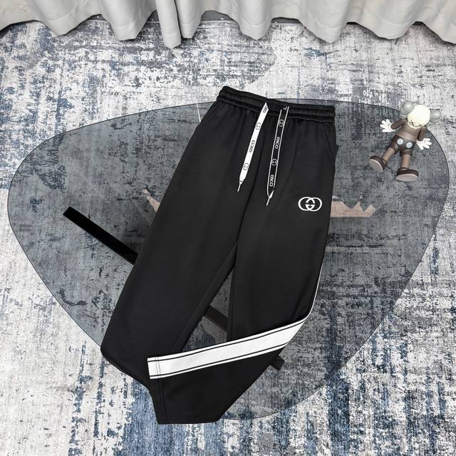 Gucci embroidered small label side webbing straight pants Same style for men and