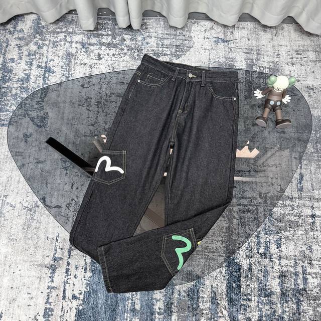 Evisu Fukushin multi-pocket printed jeans, unisex style High-elastic denim fabri