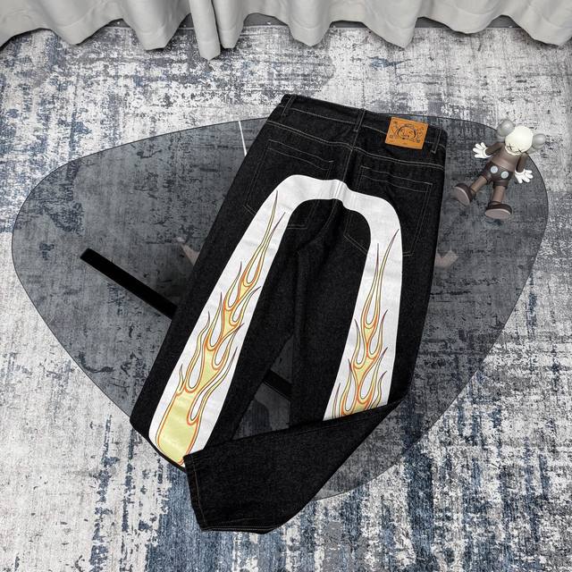 New Evisu white large M flame denim trousers Evisu Fushen jeans Autumn and winte