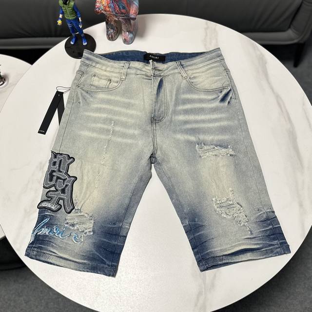 Amiri classic embroidered leather ripped letters denim slim shorts Washed by a l