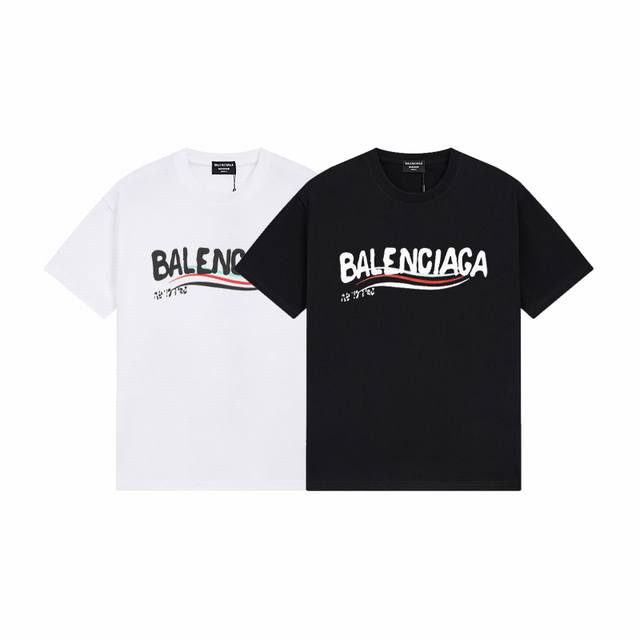 Dbb343# 2025 Balenciaga metallic tape logo printed short sleeves The loose versi