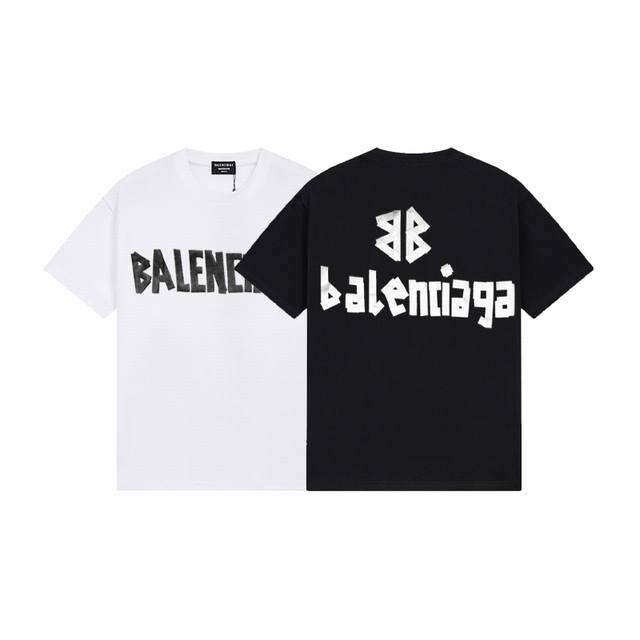 Dbb340# 2025 Balenciaga metallic tape logo printed short sleeves The loose versi