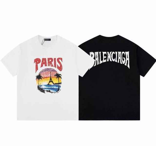 Dbb308# Balenciaga sunset iron print short sleeves Loose version uses 260g combe