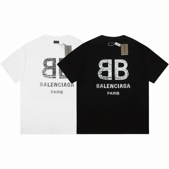 Dbb306# Balenciaga double B cracked print short sleeves Loose version uses 260g