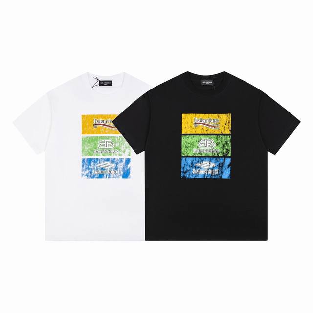 Dbb592# Balenciaga three-color cracked print short-sleeves The loose version use