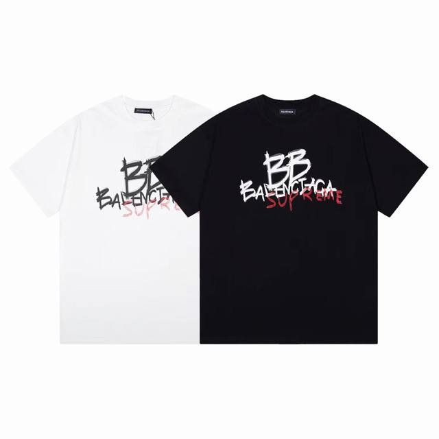 Dbb582# Balenciaga co-branded Supreme printed short-sleeves The loose version us