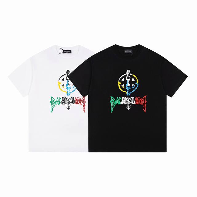 Dbb578# Balenciaga colorful font printed short sleeves Loose version uses 260g c